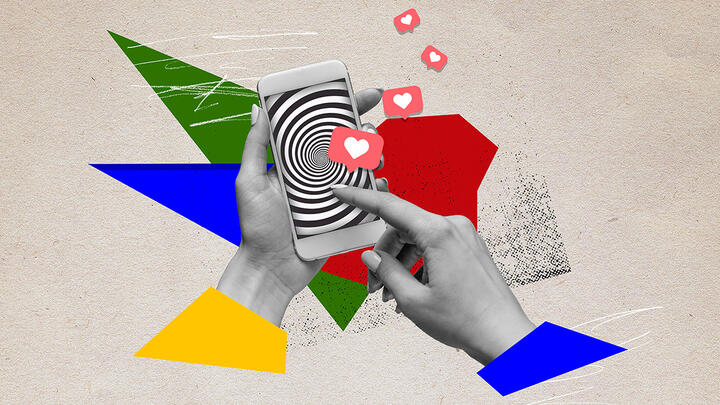 A collage of hands holding a phone with hypnotic screen and social media likes